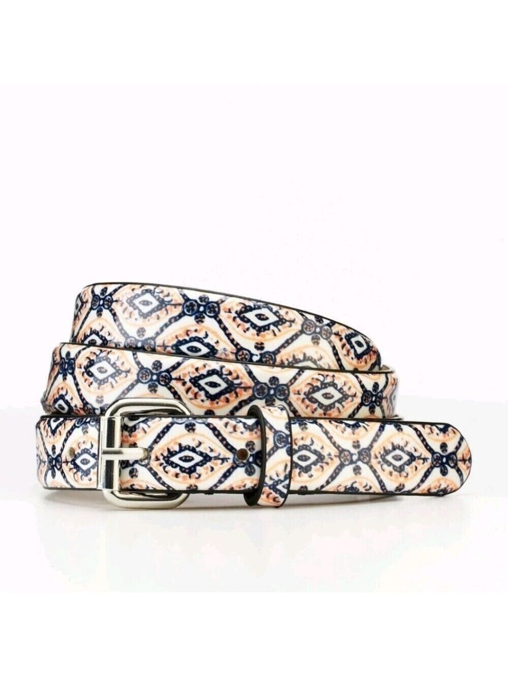 ANN TAYLOR | Medallion Print Perfect Patent Skinny Belt Orange Blue Sz S